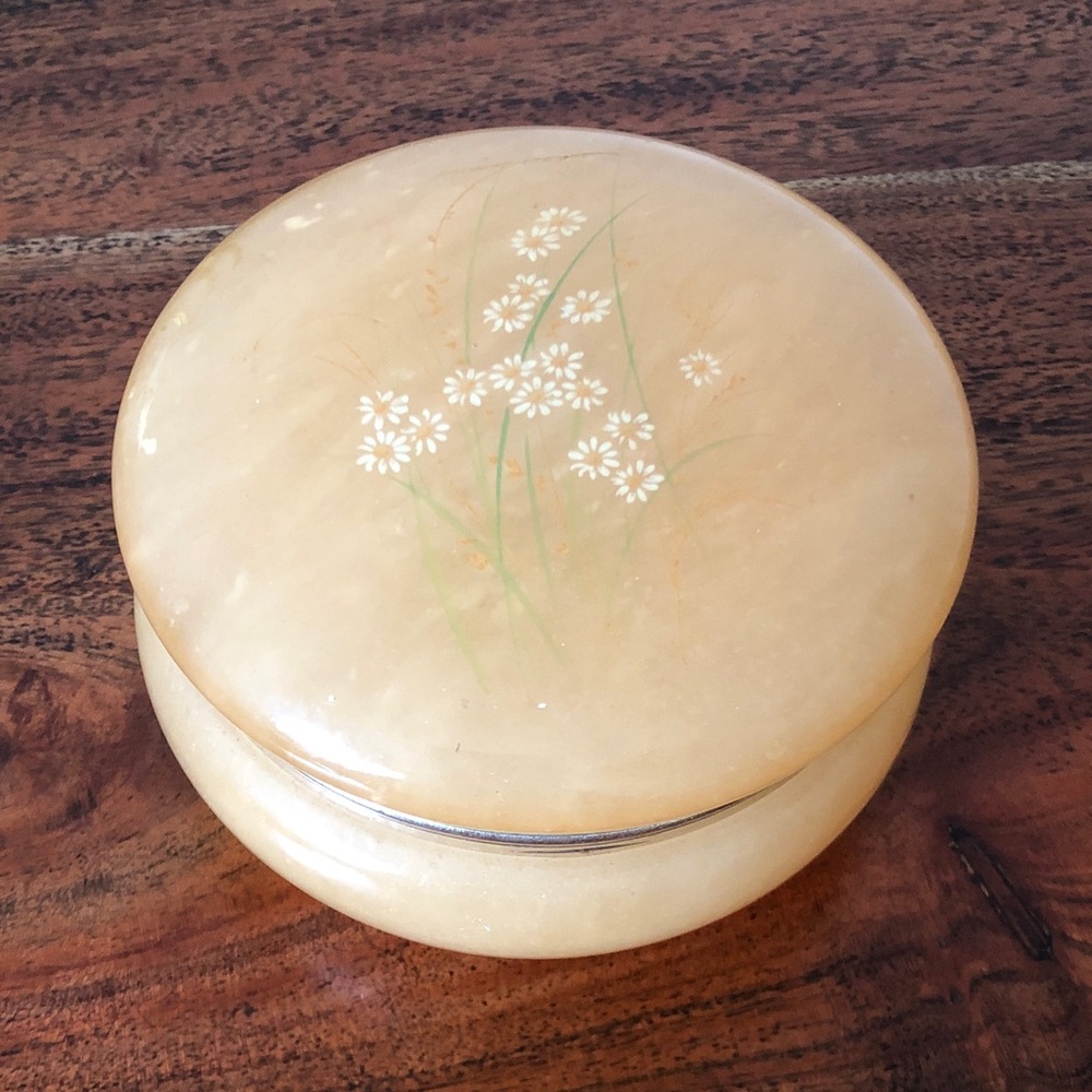 Vintage genuine alabaster Floral Round Trinket Box made in Italy